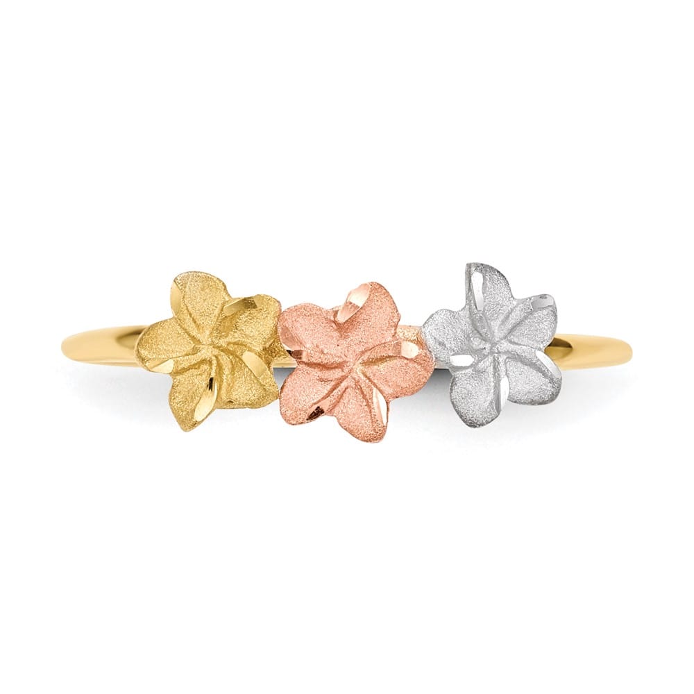 14k Two-Tone Gold Polished and Satin 3 Plumeria Flowers Ring