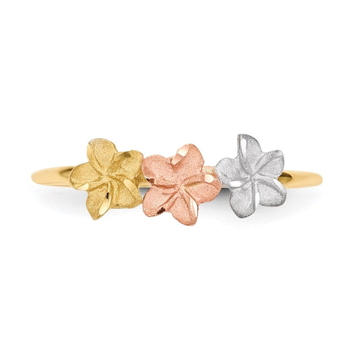 14k Two-Tone Gold Polished and Satin 3 Plumeria Flowers Ring