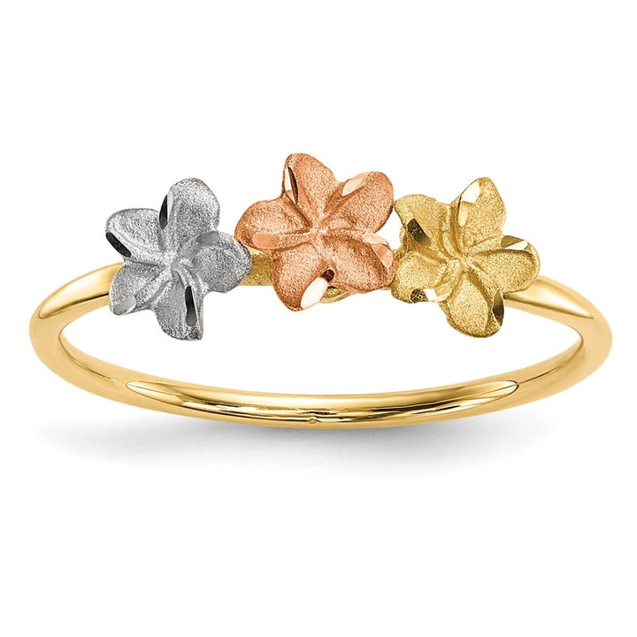 14k Two-Tone Gold Polished and Satin 3 Plumeria Flowers Ring