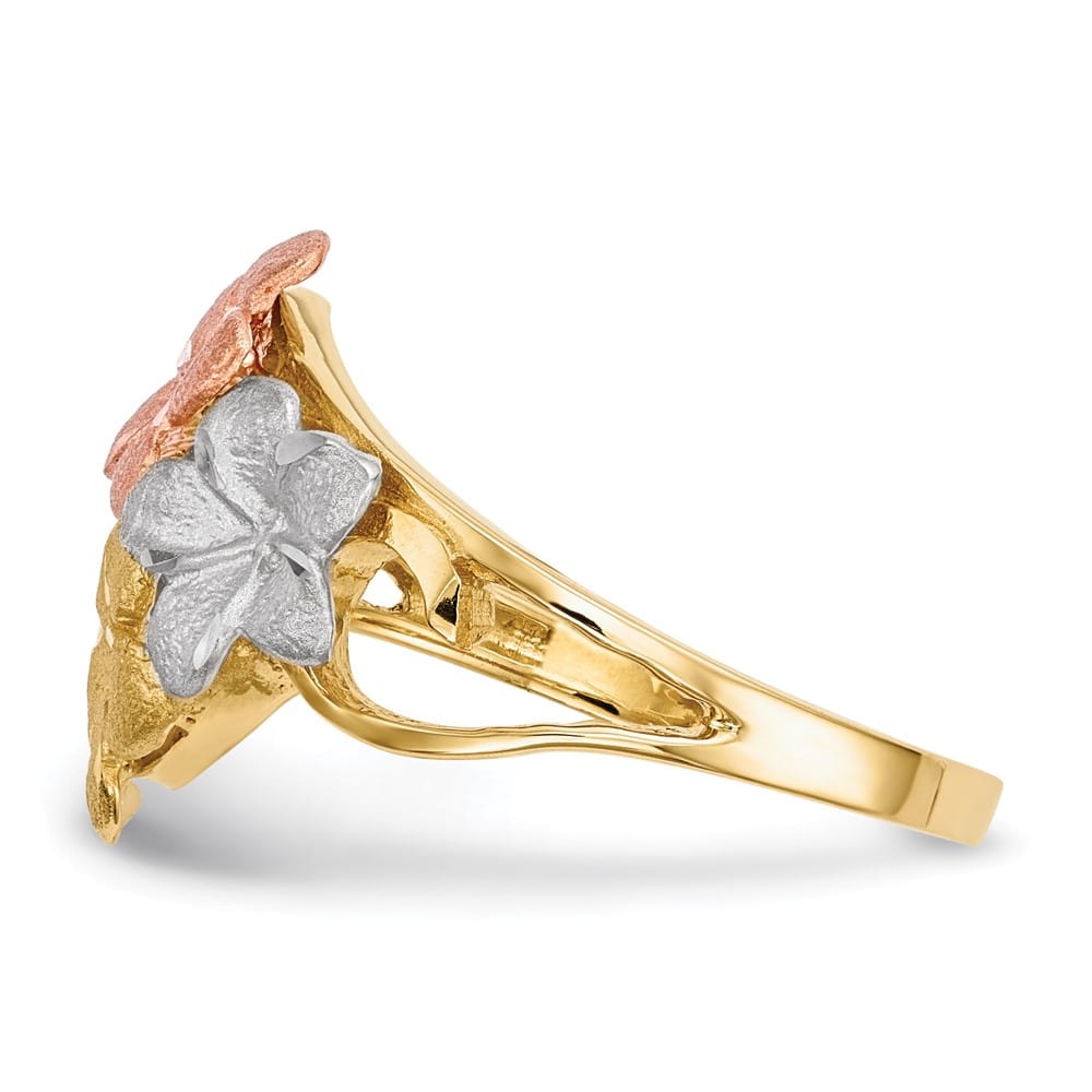 14k Two-Tone Gold Polished and Satin D.C. 4-Plumeria Flowers Ring