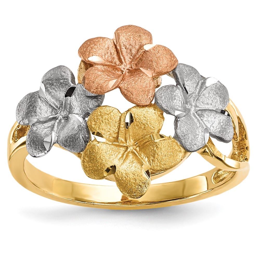 14k Two-Tone Gold Polished and Satin D.C. 4-Plumeria Flowers Ring