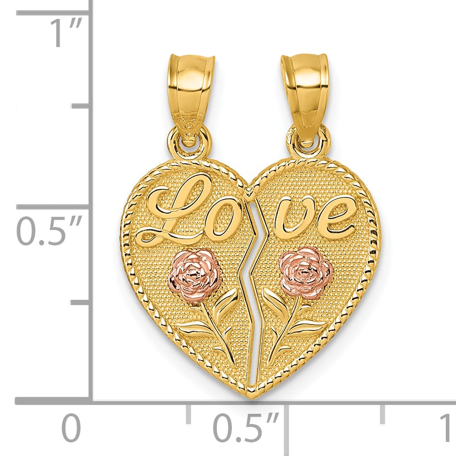 14K Two-Tone Gold Polished Break-Apart Heart With LOVE And Roses