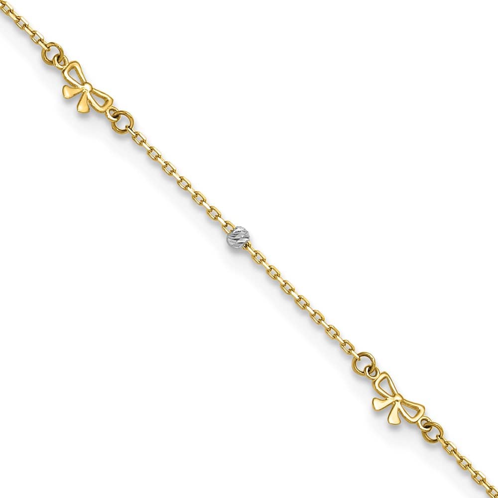 14K Two-Tone Gold Polished D.C. Beads and Bows Anklet — solid 14K two-tone gold, 9 inches long, 1 inch extension, 0.8 mm wide, spring ring clasp, 1.24 g