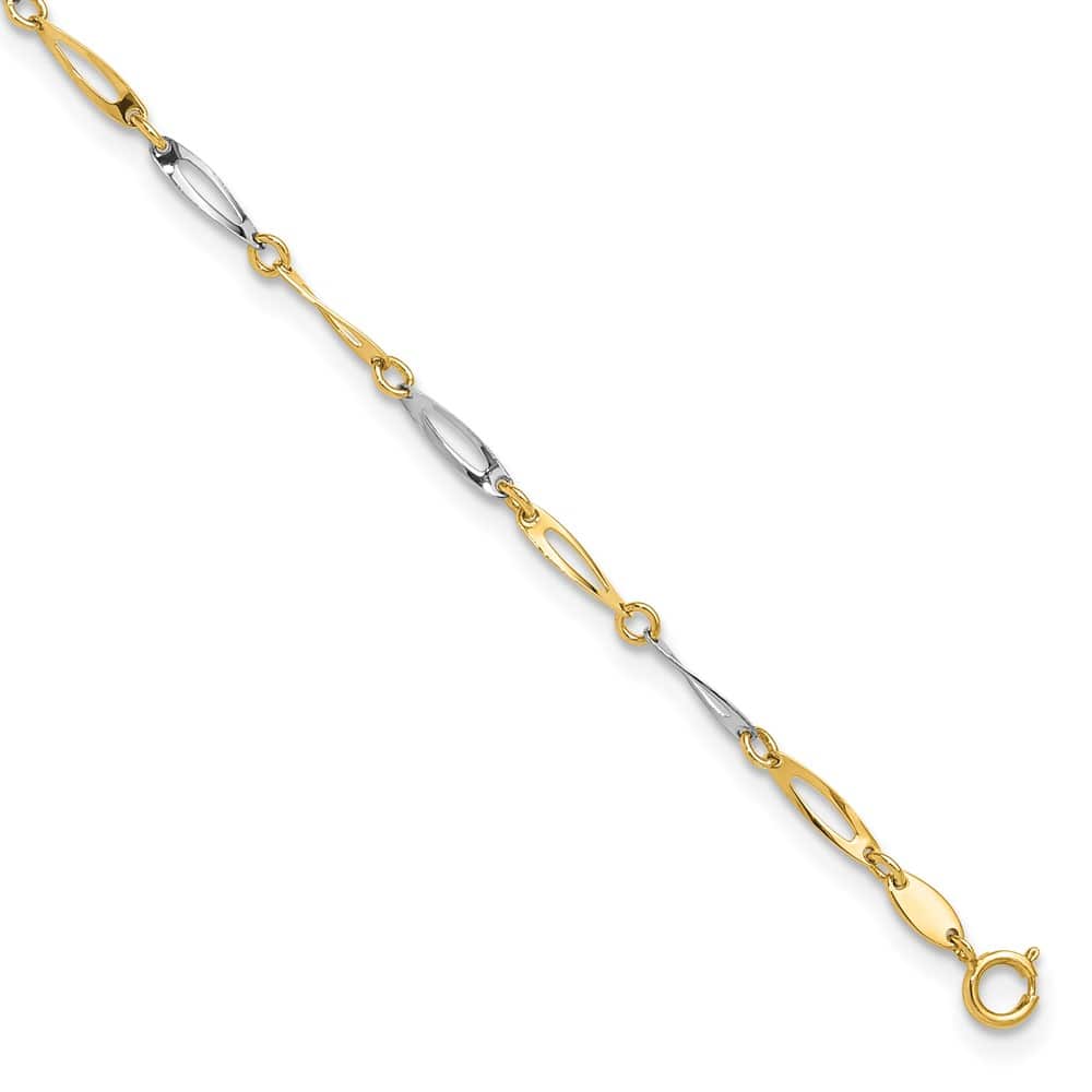14K Two-Tone Gold Polished Oval Twist Link Anklet — solid 14K two-tone gold, 9 inches long, 1 inch extension, 2.2 mm wide, spring ring clasp, 2.05 g