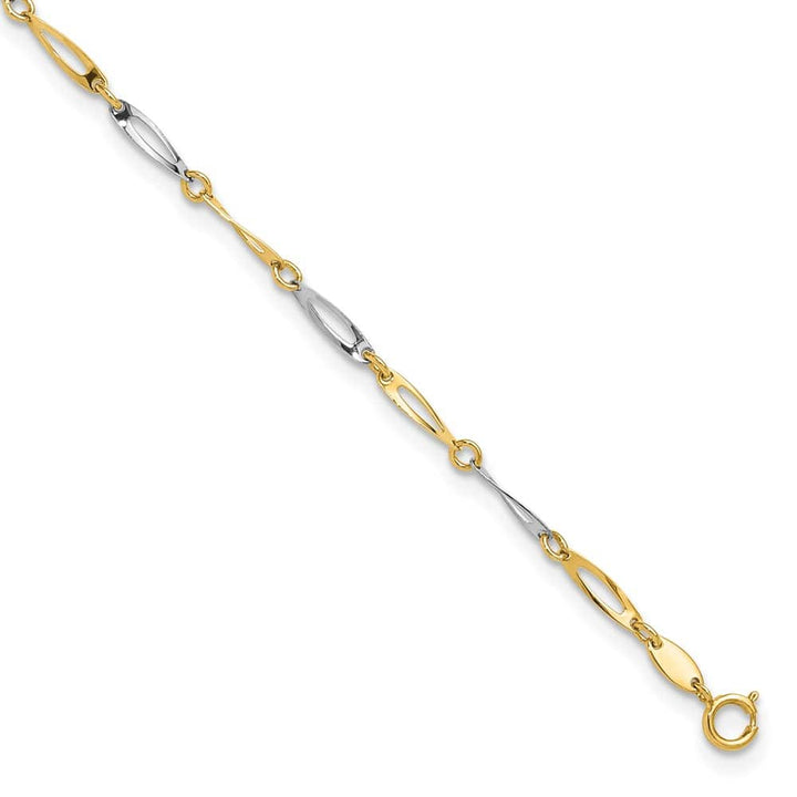 14K Two-Tone Gold Polished Oval Twist Link Anklet — solid 14K two-tone gold, 9 inches long, 1 inch extension, 2.2 mm wide, spring ring clasp, 2.05 g