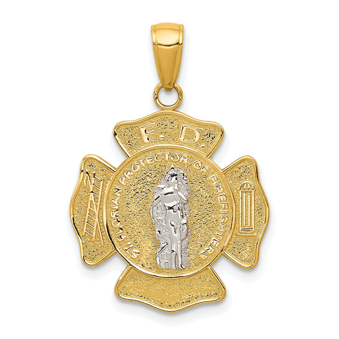 14K Two-Tone Gold Polished Satin Solid Saint Florian Medal Pendant