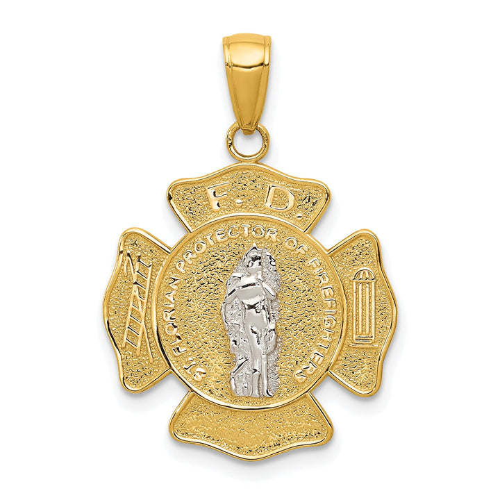 14K Two-Tone Gold Polished Satin Solid Saint Florian Medal Pendant