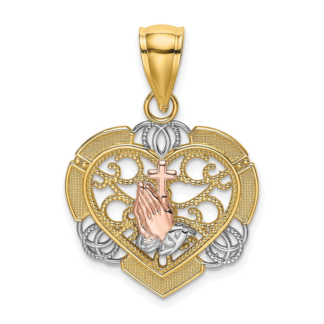 14K Two-Tone Gold Praying Hands and Cross in Heart Charm