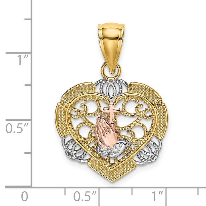 14K Two-Tone Gold Praying Hands and Cross in Heart Charm