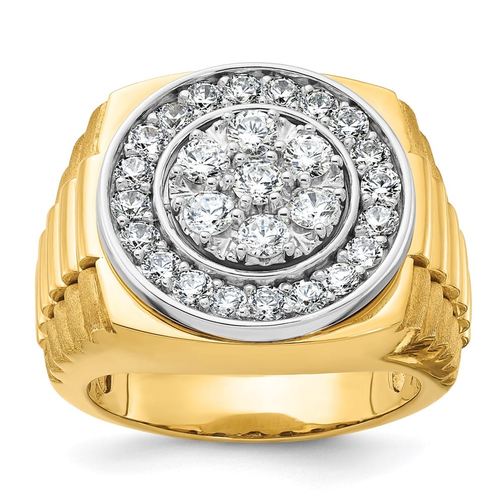 14k Two-Tone Gold Ribbed I1 Diamond Round Cluster Halo Men's Ring