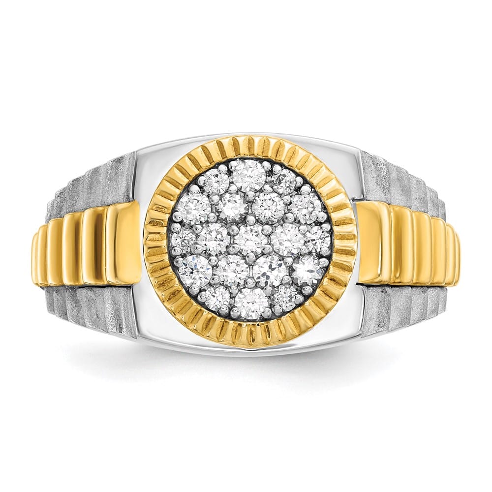 14k Two-Tone Gold Ribbed I1 Quality Diamond Round Cluster Men's Ring