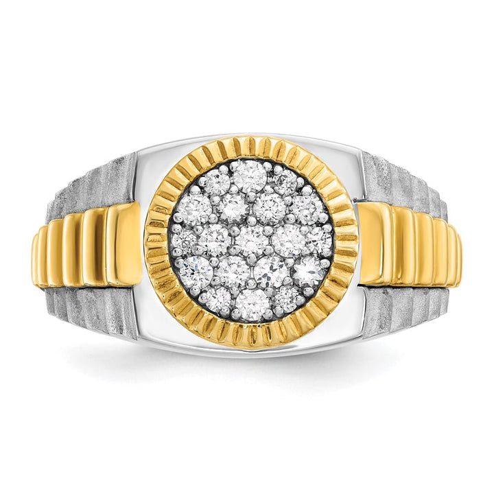 14k Two-Tone Gold Ribbed I1 Quality Diamond Round Cluster Men's Ring
