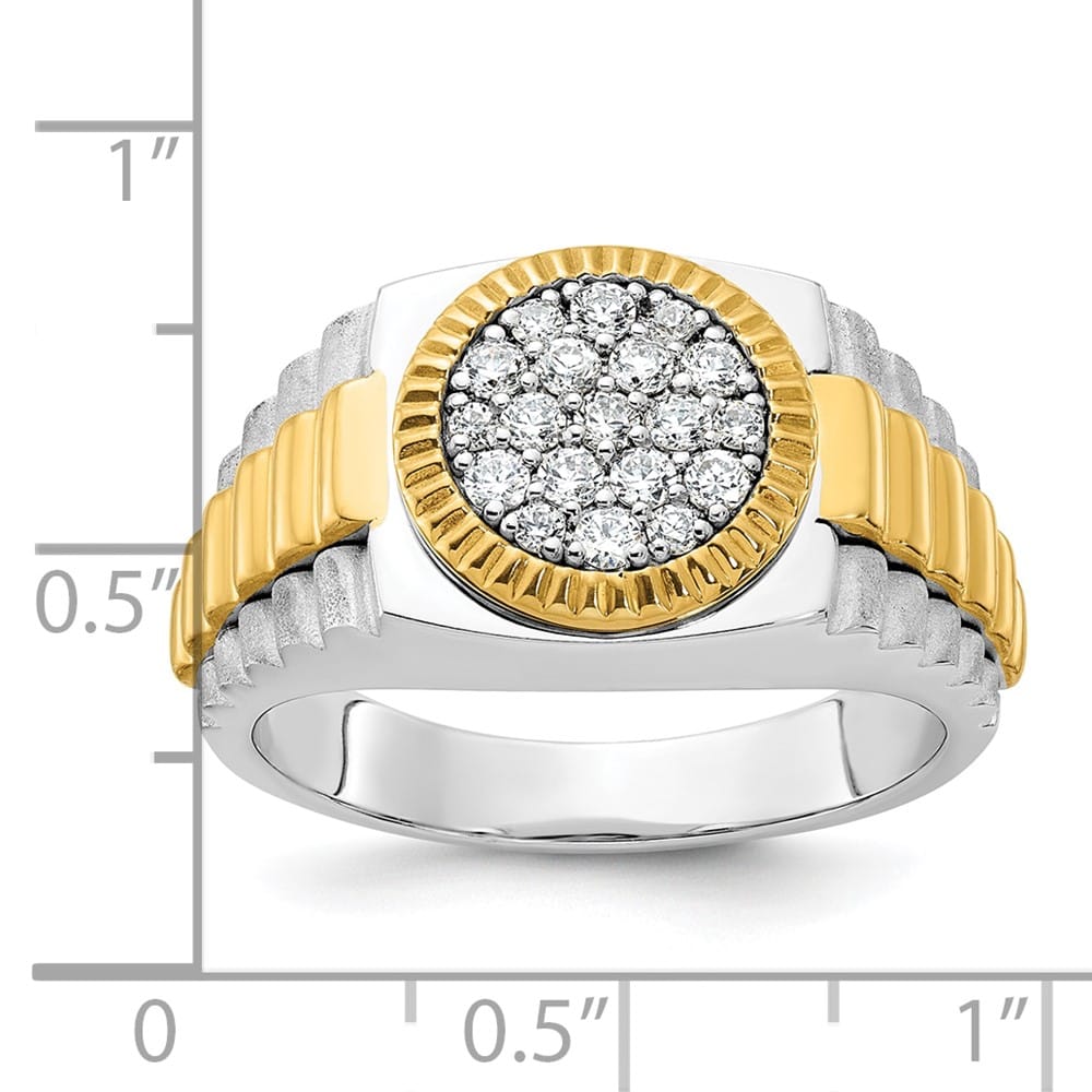 14k Two-Tone Gold Ribbed I1 Quality Diamond Round Cluster Men's Ring