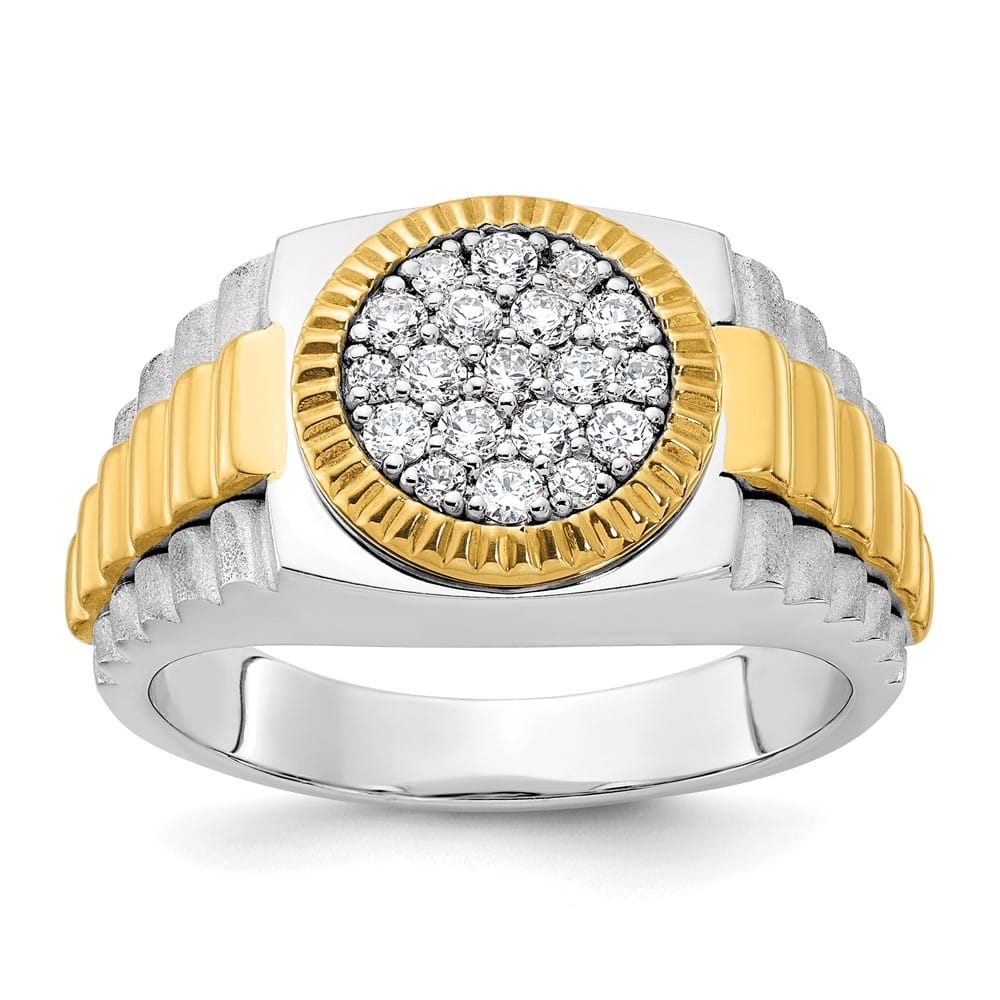 14k Two-Tone Gold Ribbed I1 Quality Diamond Round Cluster Men's Ring
