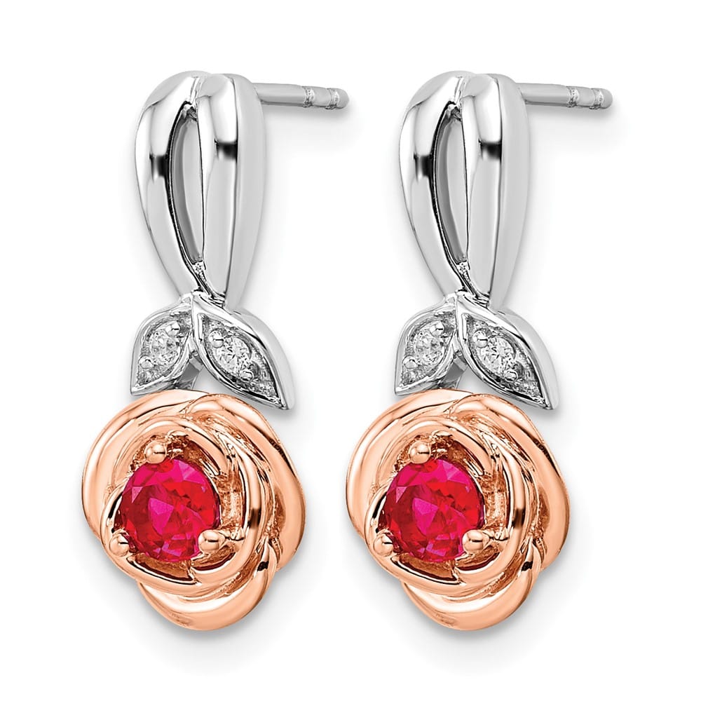 14K Two-Tone Gold Ruby and Diamond Flower Post Earrings, view 2 of 4