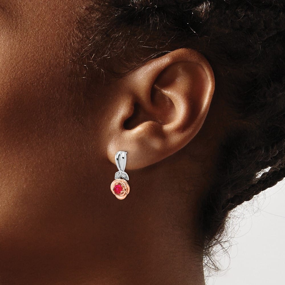 14K Two-Tone Gold Ruby and Diamond Flower Post Earrings, view 4 of 4