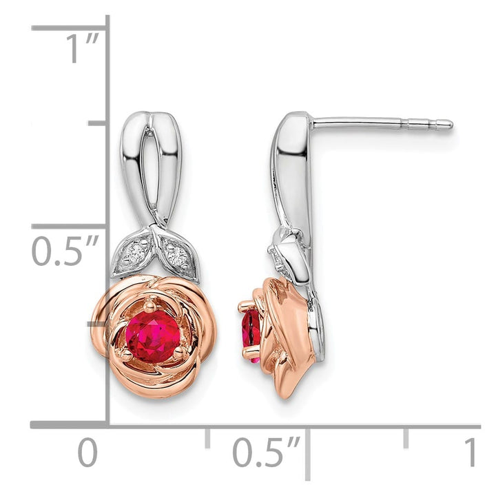 14K Two-Tone Gold Ruby and Diamond Flower Post Earrings, view 3 of 4