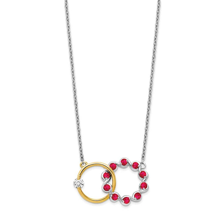 14K Two-Tone Gold Ruby and Diamond Interlocked Rings 18 Inch Necklace