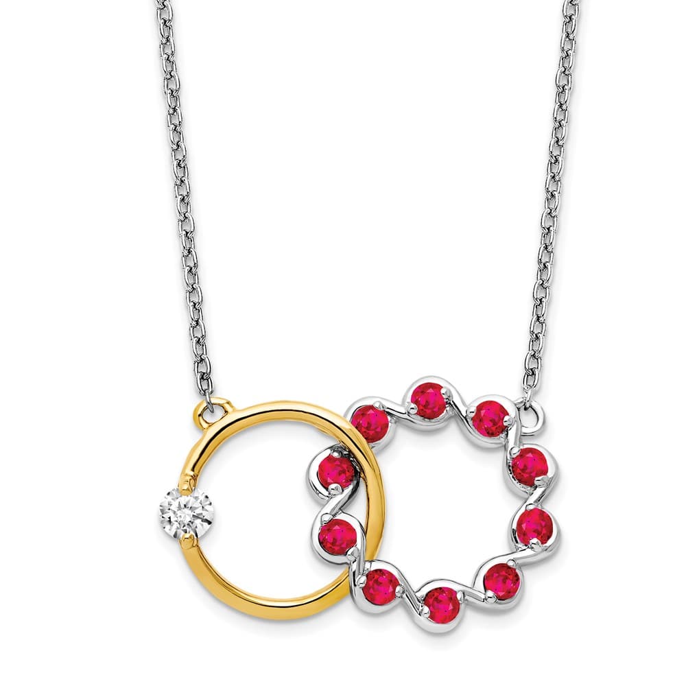 14K Two-Tone Gold Ruby and Diamond Interlocked Rings 18 Inch Necklace