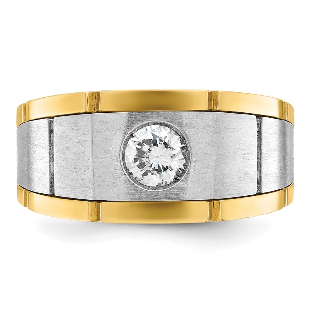 14k Two-Tone Gold Satin and Grooved I1 Quality Diamond Men's Ring