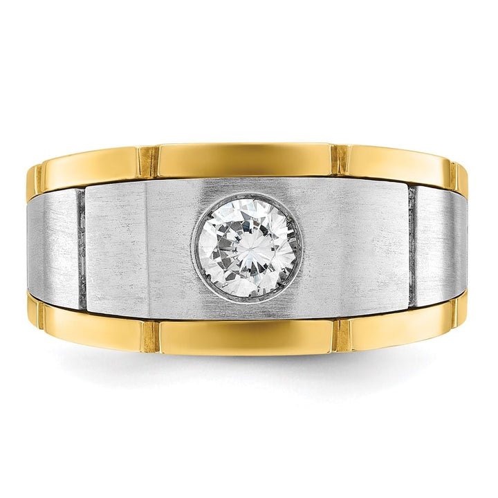 14k Two-Tone Gold Satin and Grooved I1 Quality Diamond Men's Ring
