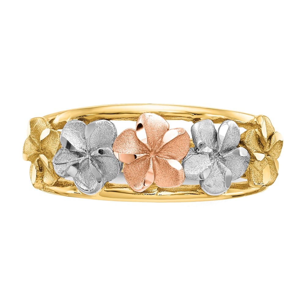 14k Two-Tone Gold Satin and Polished D.C. Plumeria Flowers Ring
