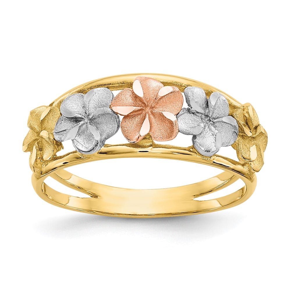 14k Two-Tone Gold Satin and Polished D.C. Plumeria Flowers Ring