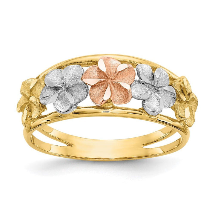 14k Two-Tone Gold Satin and Polished D.C. Plumeria Flowers Ring