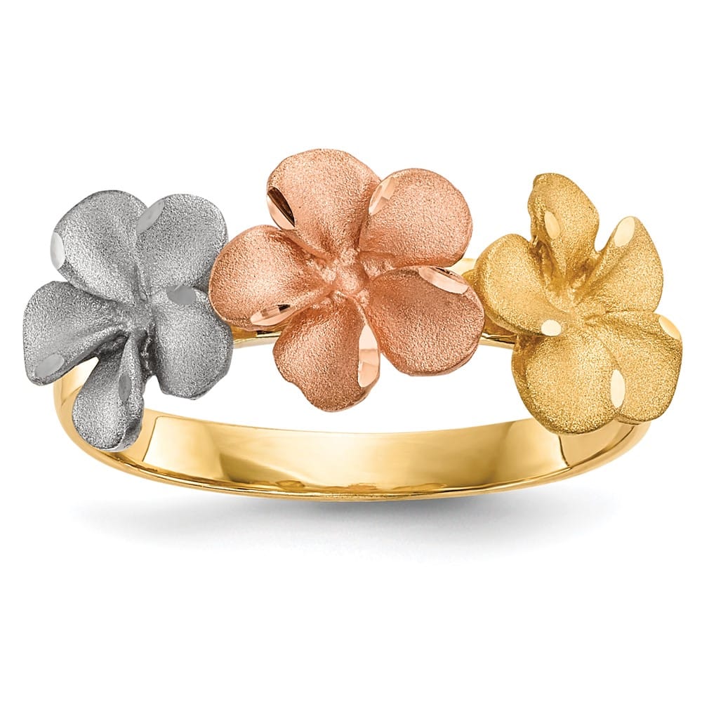 14k Two-Tone Gold Satin D.C. 3-Plumeria Flowers Ring