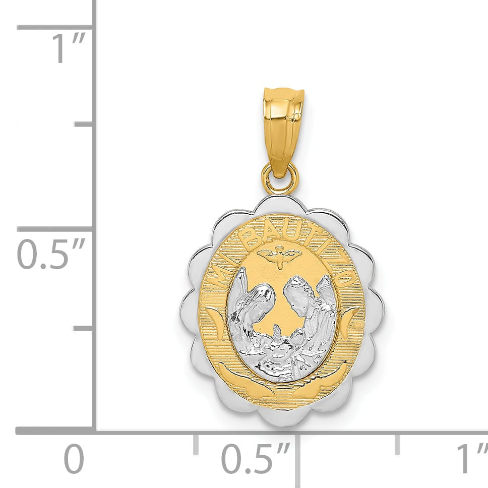 14K Two-Tone Gold Solid Spanish Baptism Mi Bautizo Oval Pendant