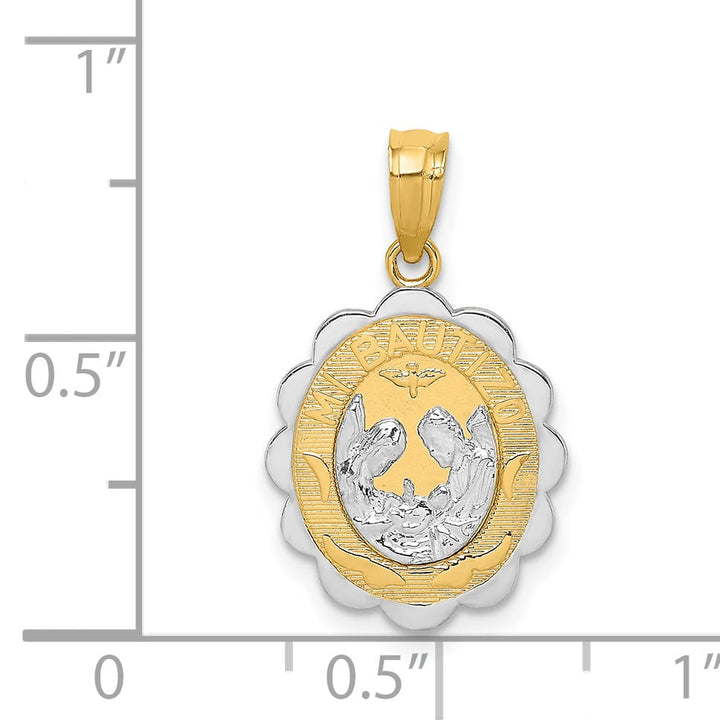 14K Two-Tone Gold Solid Spanish Baptism Mi Bautizo Oval Pendant