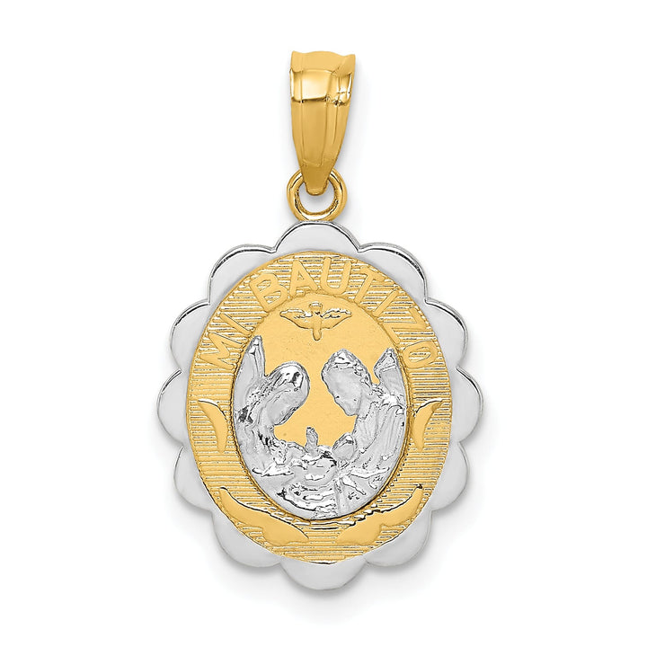 14K Two-Tone Gold Solid Spanish Baptism Mi Bautizo Oval Pendant