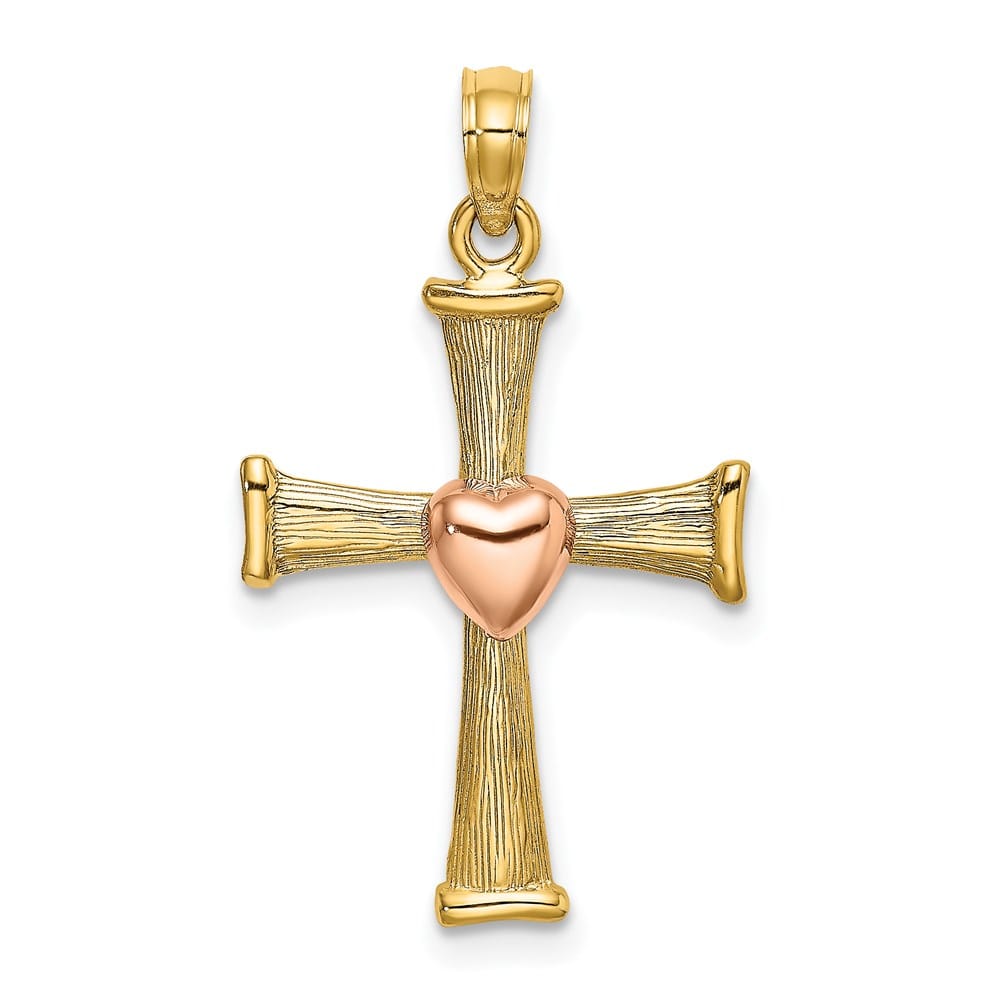 14K Two-Tone Gold Textured Finish Cross with Heart Charm