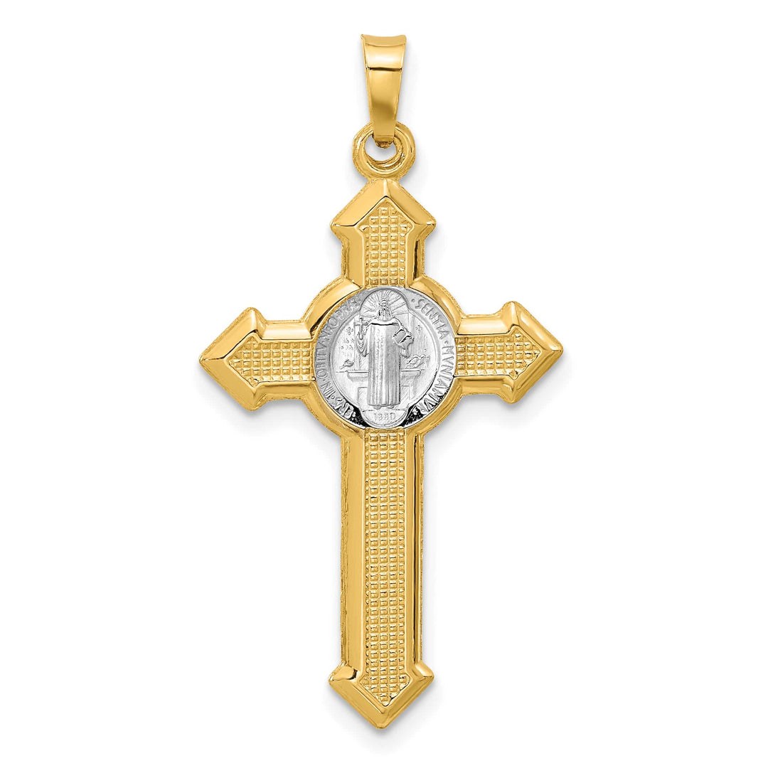 14K Two-Tone Gold Textured Hollow Budded St Benedict Cross Pendant