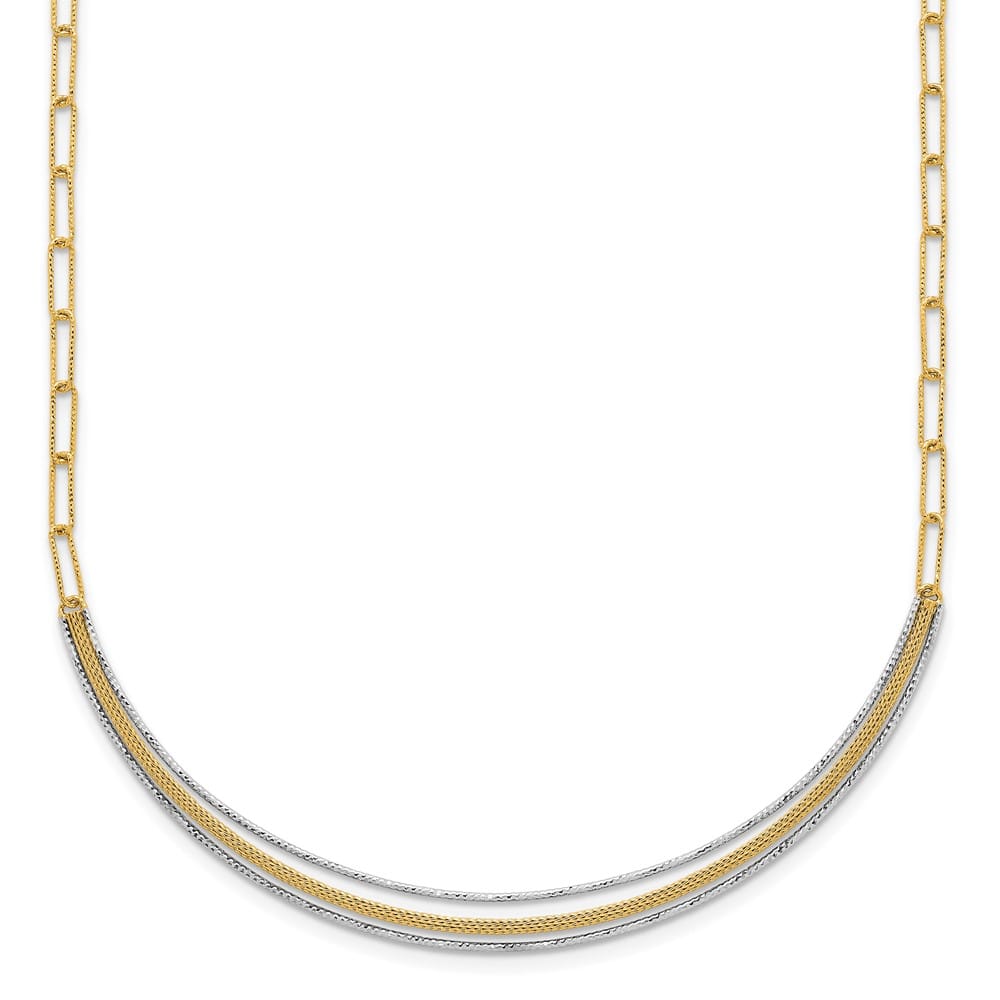 14K Two-Tone Gold Textured Woven Bar with Long Link 17 inch Necklace