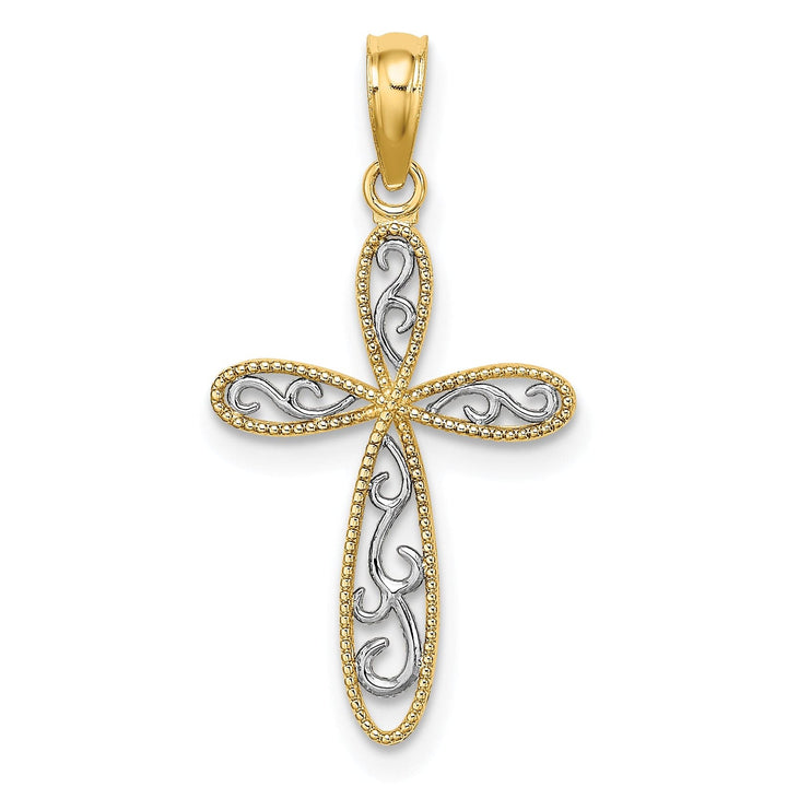 Lovely Rita's 14K Two-Tone Gold Timeless Filigree Milgrain Edge Latin Cross Pendant