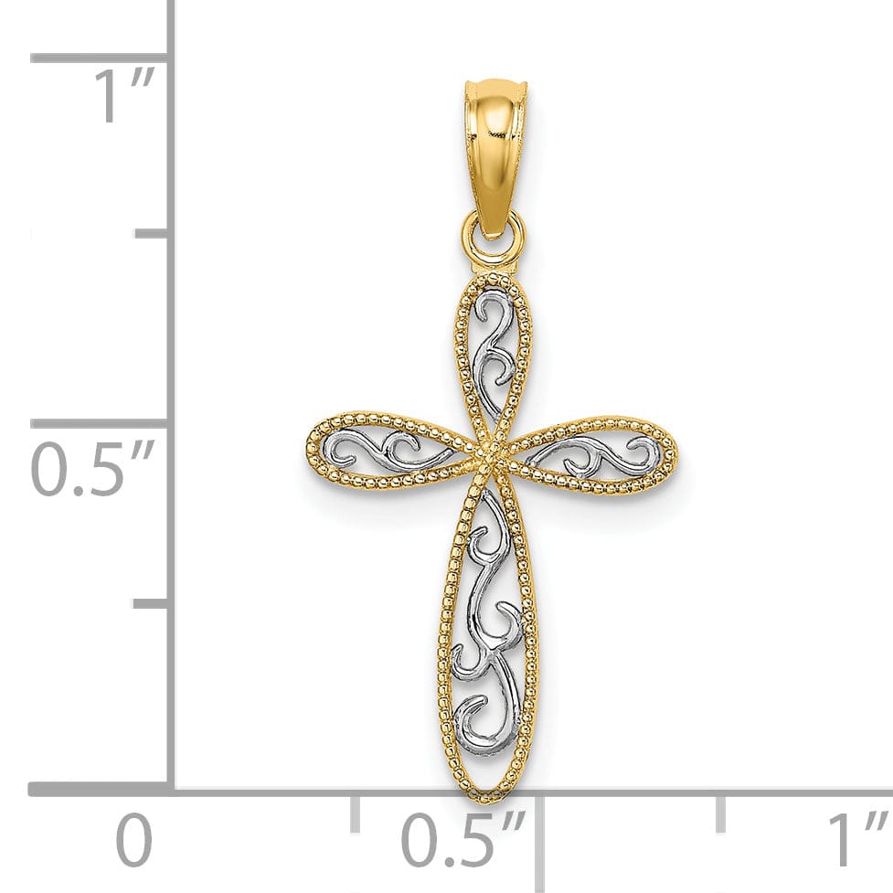 Lovely Rita's 14K Two-Tone Gold Timeless Filigree Milgrain Edge Latin Cross Pendant