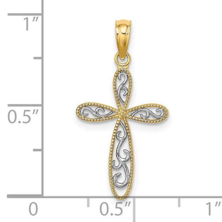 Lovely Rita's 14K Two-Tone Gold Timeless Filigree Milgrain Edge Latin Cross Pendant