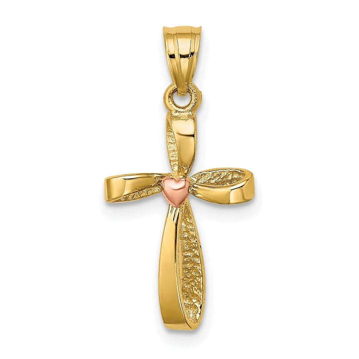 14K Two-Tone Gold Twisted Cross with Heart Charm