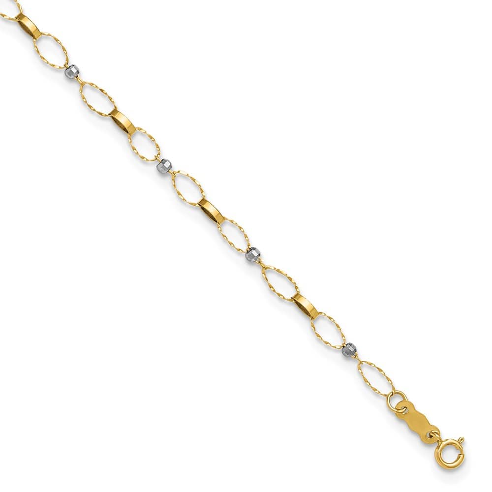 14K Two-Tone Gold Twisted Links and Mirror Beads Anklet — solid 14K two-tone gold, 9 inches long, 1 inch extension, 3.4 mm wide, spring ring clasp, 1.26 g
