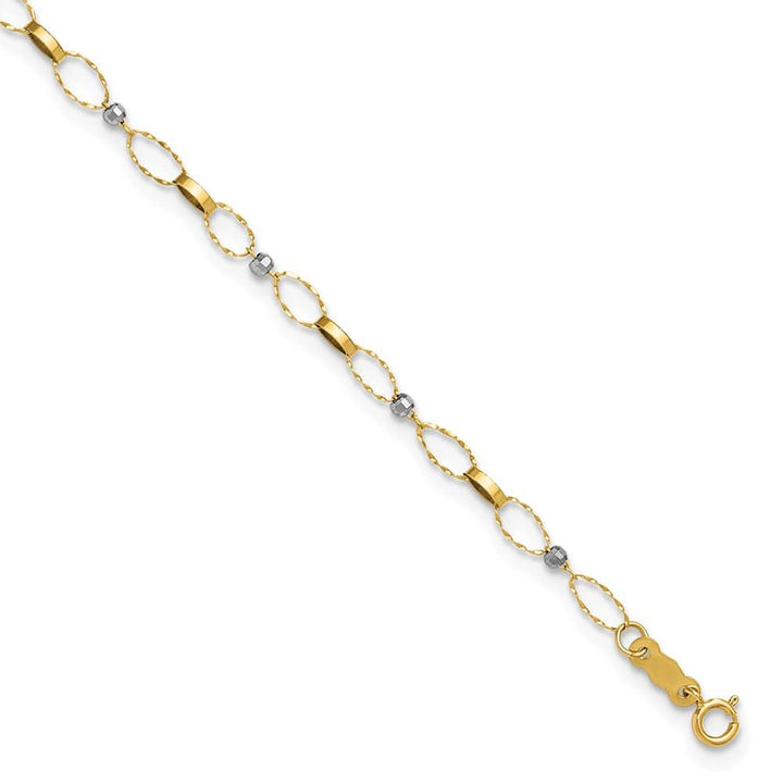 14K Two-Tone Gold Twisted Links and Mirror Beads Anklet — solid 14K two-tone gold, 9 inches long, 1 inch extension, 3.4 mm wide, spring ring clasp, 1.26 g