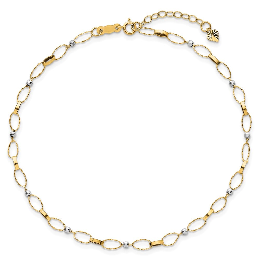 14K Two-Tone Gold Twisted Links and Mirror Beads Anklet