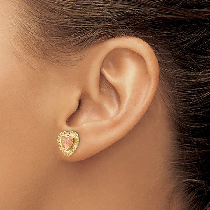 14K Two-Tone Gold Two-Tone D.C. Heart with Lace Trim Post Earrings, view 3 of 4