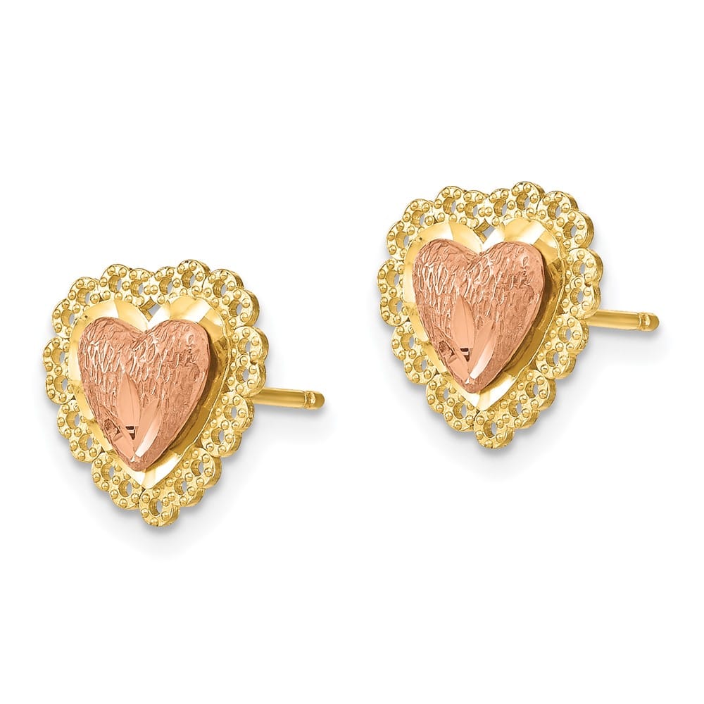 14K Two-Tone Gold Two-Tone D.C. Heart with Lace Trim Post Earrings, view 2 of 4