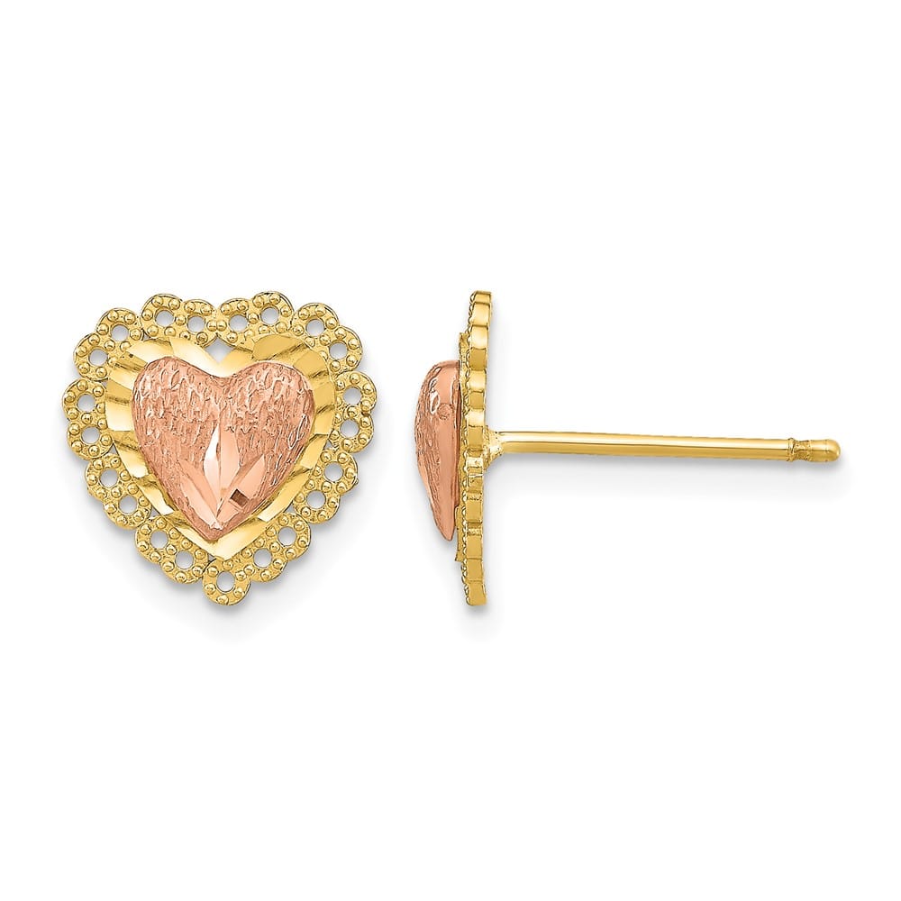 14K Two-Tone Gold Two-Tone D.C. Heart with Lace Trim Post Earrings, view 1 of 4