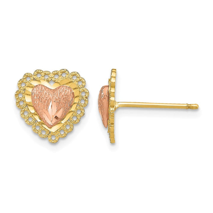 14K Two-Tone Gold Two-Tone D.C. Heart with Lace Trim Post Earrings, view 1 of 4