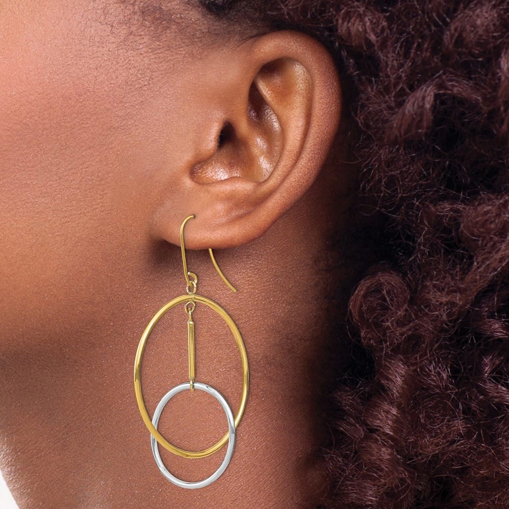 14K Two-Tone Gold Two-Tone Double Circle & Bar Dangle Earrings, view 3 of 4