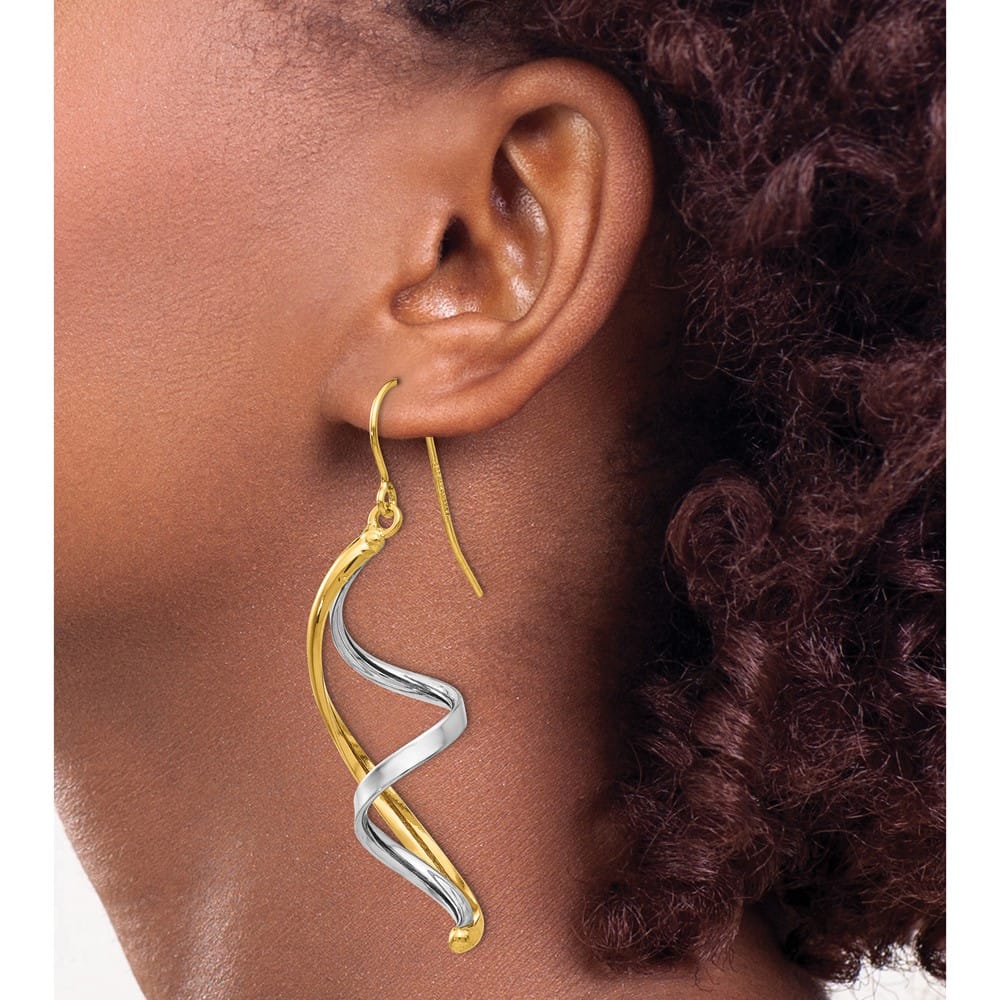 14K Two-Tone Gold Two-tone Fancy Spiral Dangle French Hook Earrings, view 3 of 4