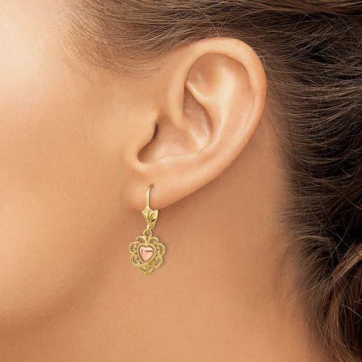 14K Two-Tone Gold Two-tone Heart with Lace Trim Leverback Earrings, view 3 of 4
