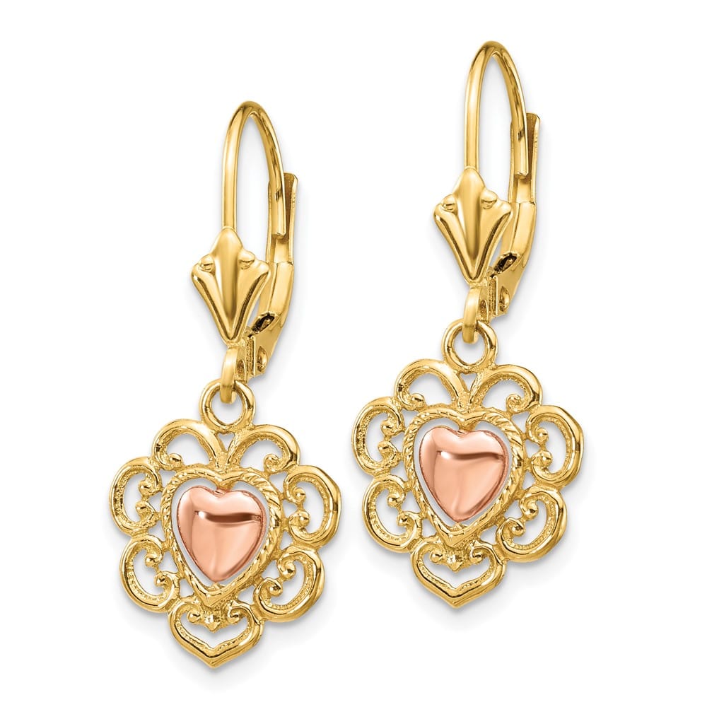 14K Two-Tone Gold Two-tone Heart with Lace Trim Leverback Earrings, view 2 of 4